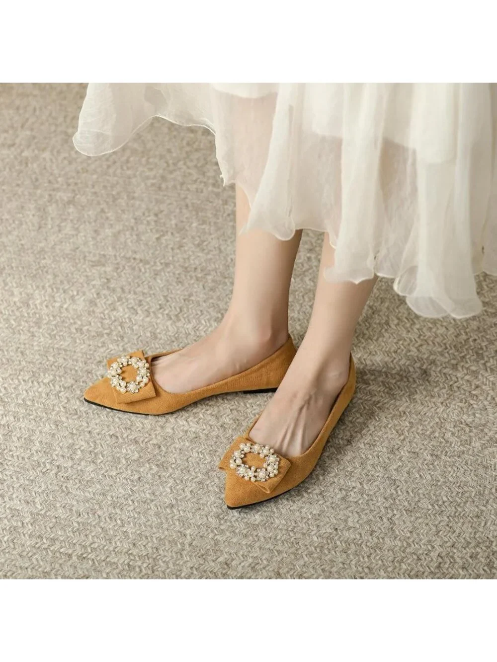 Women's 01-Brown Pointed Toe Pearl Flats Comfort Non Slip Soft Sole Office Shoes